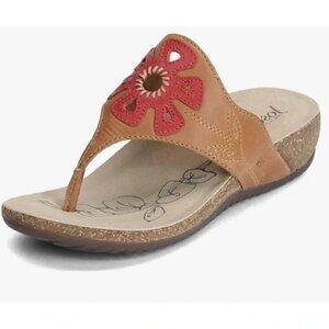 Josef Seibel Natalya 09 Floral Leather Wedge Thong Sandal Cognac Combi (Size 39)
